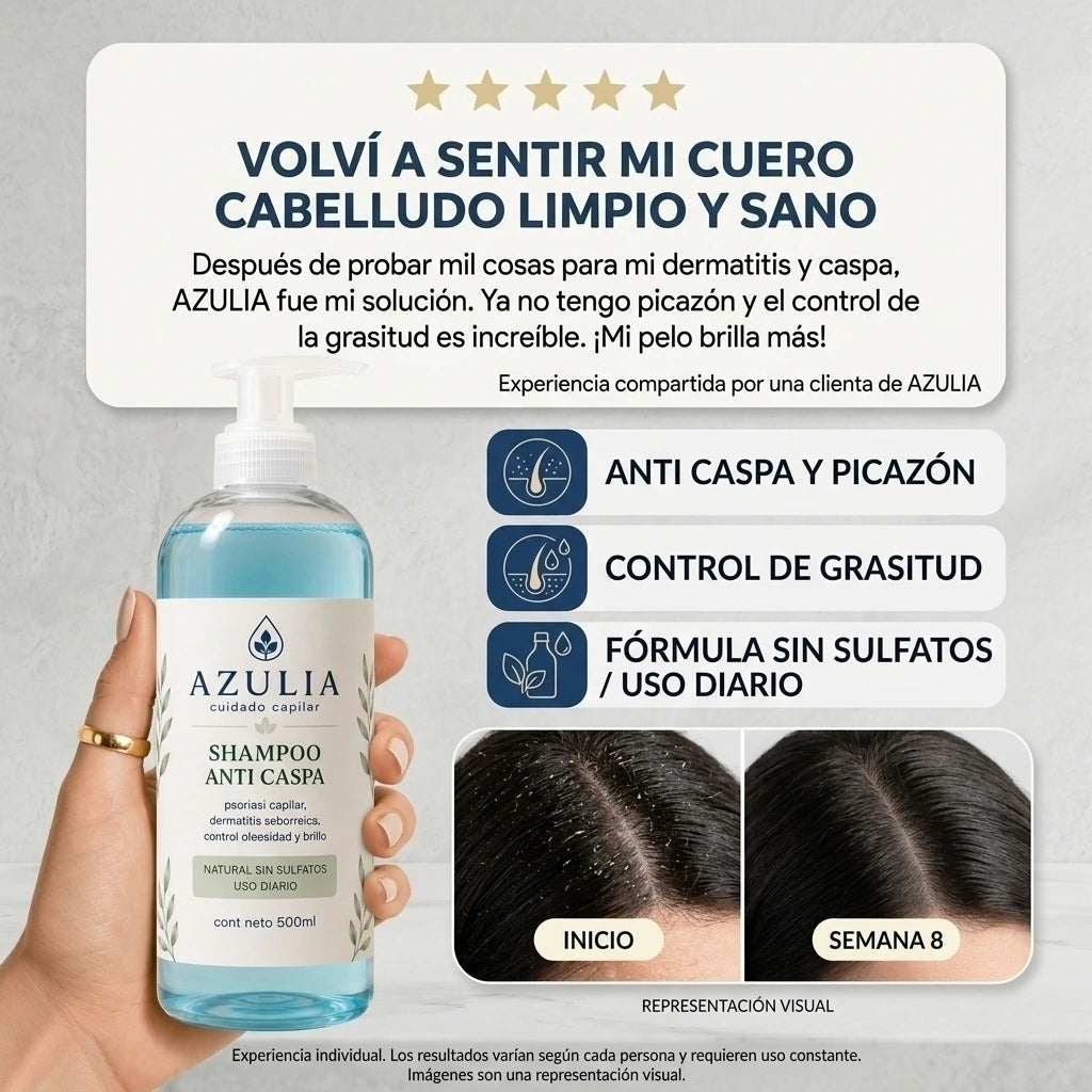 AZULIA™ Shampoo Anti-Caspa Elimina la caspa, calma la picazón y devuelve el brillo al pelo.