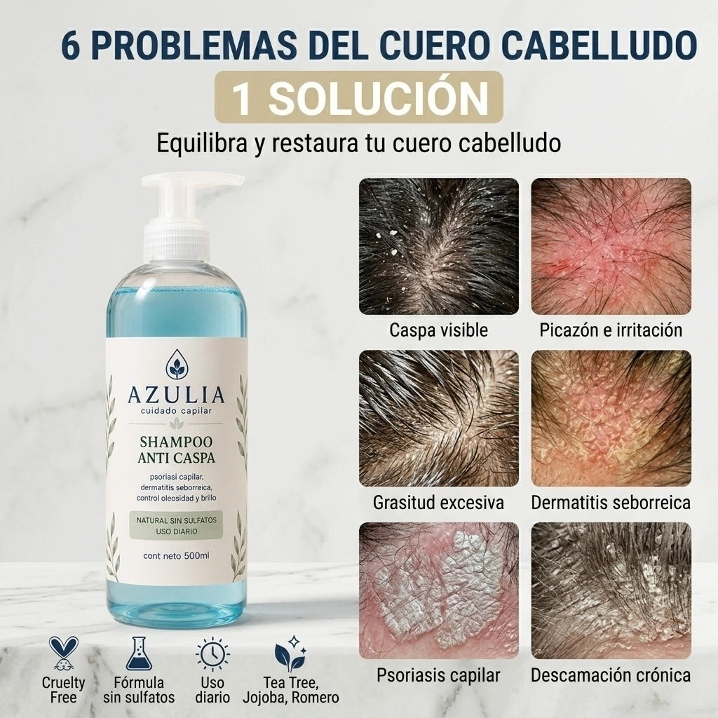 AZULIA™ Shampoo Anti-Caspa Elimina la caspa, calma la picazón y devuelve el brillo al pelo.